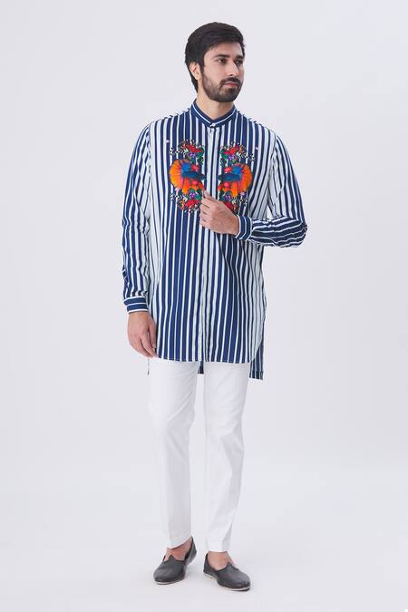 Shop_MR. Ajay Kumar_Blue Cotton Striped Aquatic Motif Print Shirt _Online_at_Aza_Fashions