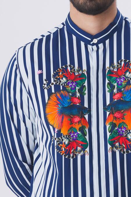 MR. Ajay Kumar_Blue Cotton Striped Aquatic Motif Print Shirt _at_Aza_Fashions