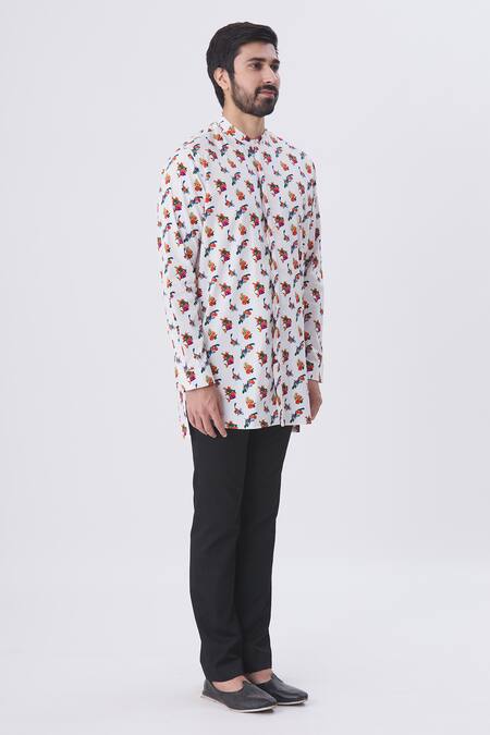 MR. Ajay Kumar White Cotton Floral Print Mandarin Collar Shirt Online at Aza Fashions MR. Ajay Kumar_White Cotton Floral Print Mandarin Collar Shirt _Online_at_Aza_Fashions