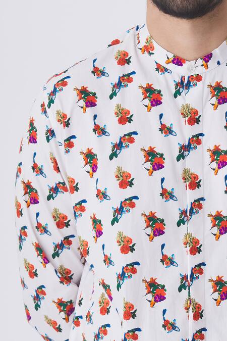 MR. Ajay Kumar White Cotton Floral Print Mandarin Collar Shirt at Aza Fashions MR. Ajay Kumar_White Cotton Floral Print Mandarin Collar Shirt _at_Aza_Fashions