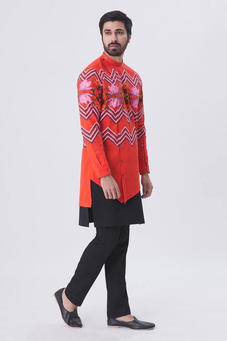 MR. Ajay Kumar Orange Cotton Printed Asymmetric Kurta And Kilt Pant Set Online at Aza Fashions MR. Ajay Kumar_Orange Cotton Printed Asymmetric Kurta And Kilt Pant Set _Online_at_Aza_Fashions