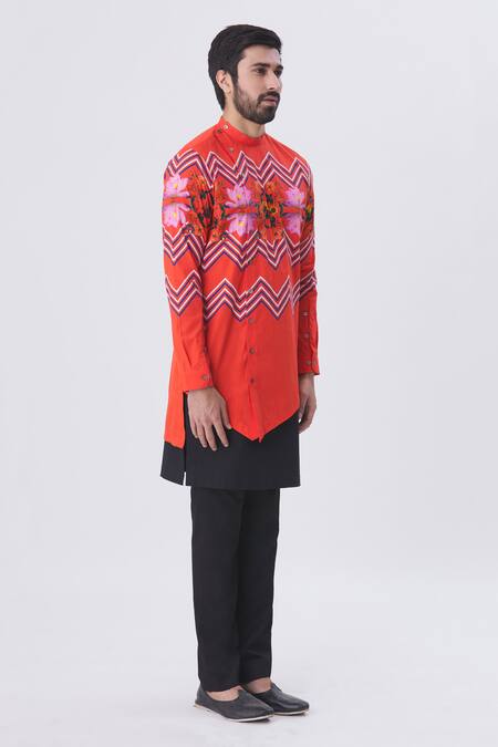 Buy MR. Ajay Kumar Orange Cotton Printed Asymmetric Kurta And Kilt Pant Set Online at Aza Fashions Buy_MR. Ajay Kumar_Orange Cotton Printed Asymmetric Kurta And Kilt Pant Set _Online_at_Aza_Fashions