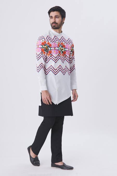 MR. Ajay Kumar White Cotton Printed Overlap Asymmetric Kurta And Kilt Pant Set Online at Aza Fashions MR. Ajay Kumar_White Cotton Printed Overlap Asymmetric Kurta And Kilt Pant Set _Online_at_Aza_Fashions