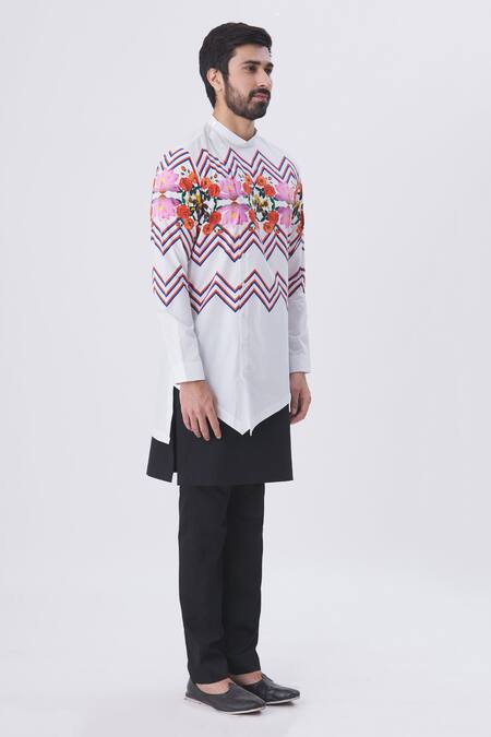 Buy MR. Ajay Kumar White Cotton Printed Overlap Asymmetric Kurta And Kilt Pant Set Online at Aza Fashions Buy_MR. Ajay Kumar_White Cotton Printed Overlap Asymmetric Kurta And Kilt Pant Set _Online_at_Aza_Fashions