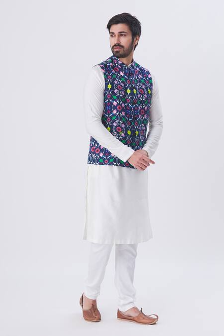 MR. Ajay Kumar Blue Linen Floral Motif Jaal Printed Nehru Jacket Online at Aza Fashions MR. Ajay Kumar_Blue Linen Floral Motif Jaal Printed Nehru Jacket _Online_at_Aza_Fashions