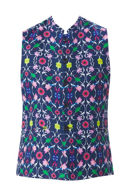 Buy MR. Ajay Kumar Blue Linen Floral Motif Jaal Printed Nehru Jacket Online at Aza Fashions Buy_MR. Ajay Kumar_Blue Linen Floral Motif Jaal Printed Nehru Jacket _Online_at_Aza_Fashions