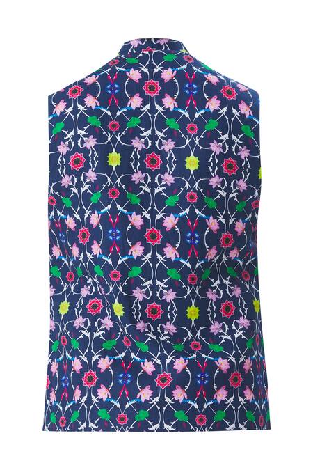 Shop MR. Ajay Kumar Blue Linen Floral Motif Jaal Printed Nehru Jacket Online at Aza Fashions Shop_MR. Ajay Kumar_Blue Linen Floral Motif Jaal Printed Nehru Jacket _Online_at_Aza_Fashions