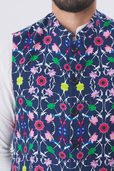 MR. Ajay Kumar Blue Linen Floral Motif Jaal Printed Nehru Jacket at Aza Fashions MR. Ajay Kumar_Blue Linen Floral Motif Jaal Printed Nehru Jacket _at_Aza_Fashions
