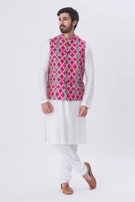 MR. Ajay Kumar Pink Linen Printed Nehru Jacket Online at Aza Fashions MR. Ajay Kumar_Pink Linen Printed Nehru Jacket _Online_at_Aza_Fashions