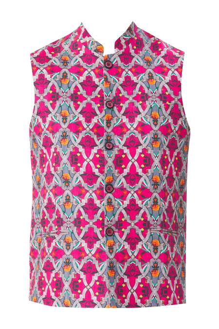 Buy MR. Ajay Kumar Pink Linen Printed Nehru Jacket Online at Aza Fashions Buy_MR. Ajay Kumar_Pink Linen Printed Nehru Jacket _Online_at_Aza_Fashions