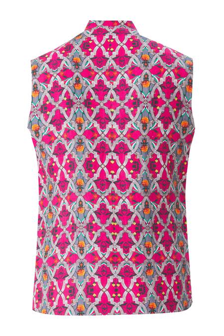 Shop MR. Ajay Kumar Pink Linen Printed Nehru Jacket Online at Aza Fashions Shop_MR. Ajay Kumar_Pink Linen Printed Nehru Jacket _Online_at_Aza_Fashions