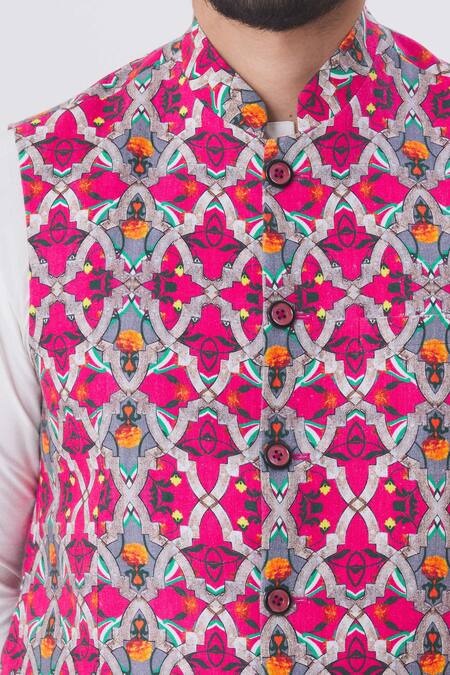 MR. Ajay Kumar Pink Linen Printed Nehru Jacket at Aza Fashions MR. Ajay Kumar_Pink Linen Printed Nehru Jacket _at_Aza_Fashions