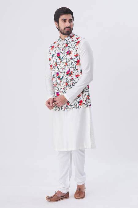 MR. Ajay Kumar_White Cotton Satin, Lycra Floral Motif Printed Nehru Jacket _Online_at_Aza_Fashions
