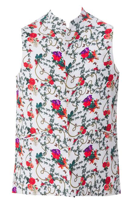 Buy_MR. Ajay Kumar_White Cotton Satin, Lycra Floral Motif Printed Nehru Jacket _Online_at_Aza_Fashions