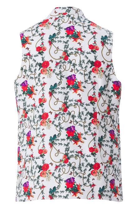 Shop_MR. Ajay Kumar_White Cotton Satin, Lycra Floral Motif Printed Nehru Jacket _Online_at_Aza_Fashions