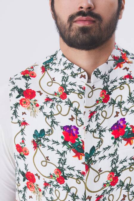 MR. Ajay Kumar_White Cotton Satin, Lycra Floral Motif Printed Nehru Jacket _at_Aza_Fashions