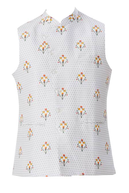 Buy_MR. Ajay Kumar_White Silk Printed Floral Motif Bundi _Online_at_Aza_Fashions