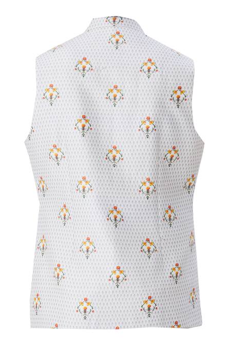 Shop_MR. Ajay Kumar_White Silk Printed Floral Motif Bundi _Online_at_Aza_Fashions