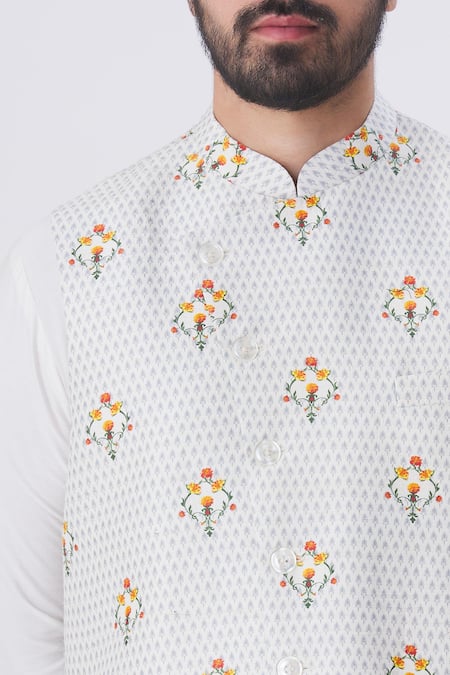 MR. Ajay Kumar_White Silk Printed Floral Motif Bundi _at_Aza_Fashions