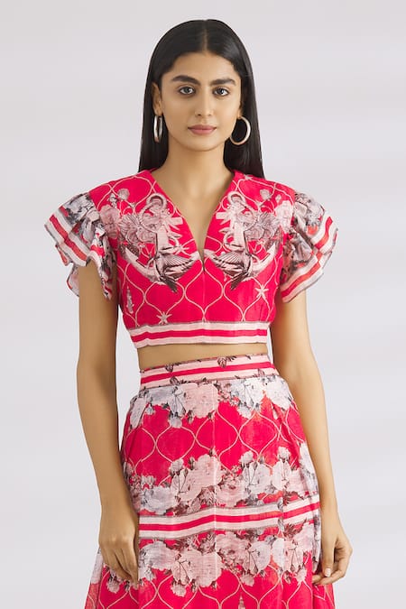 MR. Ajay Kumar Red Cotton Satin Lycra V Neck Printed Crop Top  