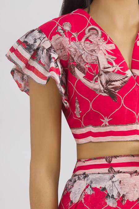 MR. Ajay Kumar Red Cotton Satin Lycra V Neck Printed Crop Top at Aza Fashions MR. Ajay Kumar_Red Cotton Satin Lycra V Neck Printed Crop Top _at_Aza_Fashions