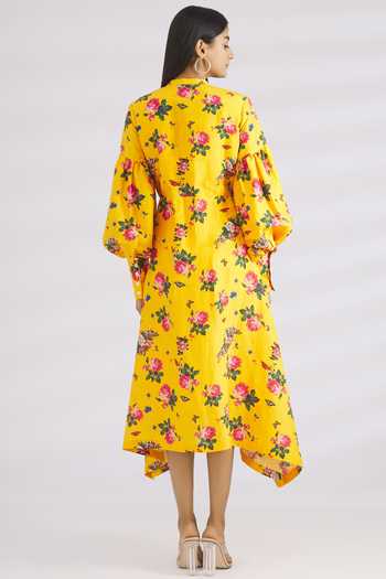 MR. Ajay Kumar Yellow Linen Silk Stand Collar Midi Dress  2