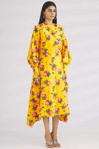MR. Ajay Kumar Yellow Linen Silk Stand Collar Midi Dress  3