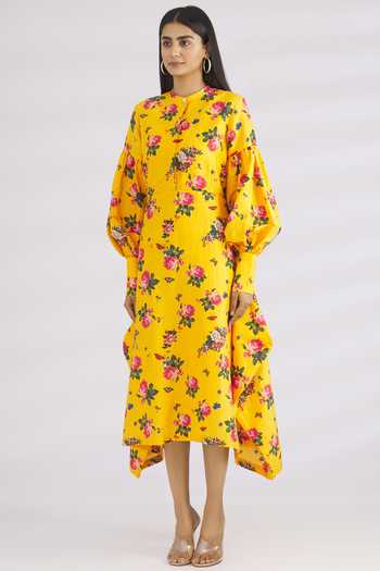 MR. Ajay Kumar Yellow Linen Silk Stand Collar Midi Dress  4