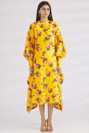 MR. Ajay Kumar Yellow Linen Silk Stand Collar Midi Dress  5