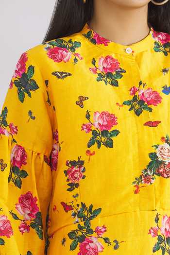 MR. Ajay Kumar Yellow Linen Silk Stand Collar Midi Dress  6