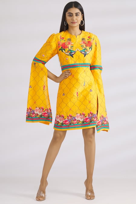 Shop_MR. Ajay Kumar_Yellow Linen Silk Round Dress _Online_at_Aza_Fashions