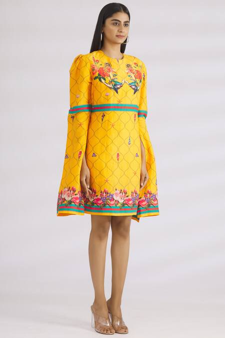 MR. Ajay Kumar_Yellow Linen Silk Round Dress _Online_at_Aza_Fashions