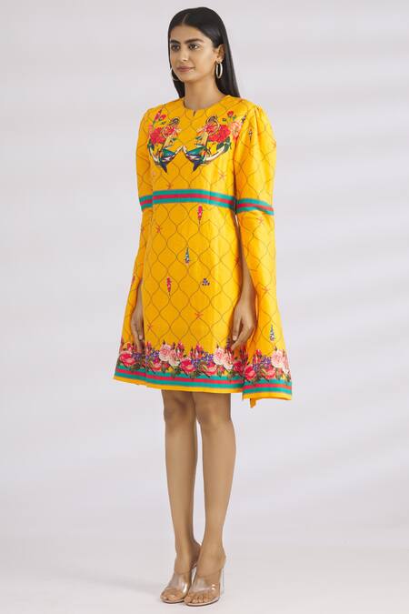 Buy_MR. Ajay Kumar_Yellow Linen Silk Round Dress _Online_at_Aza_Fashions