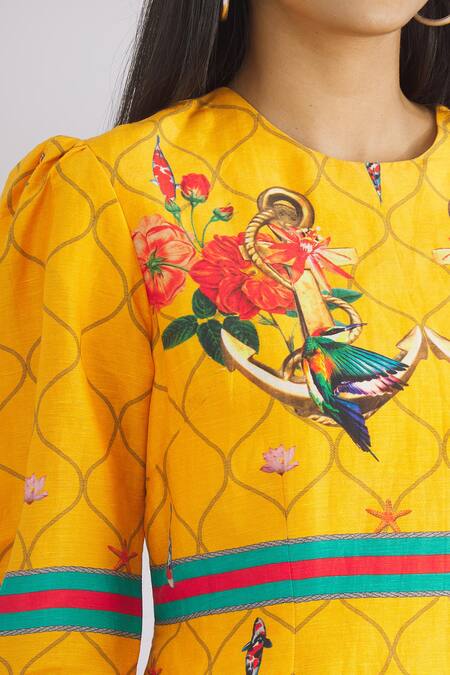 MR. Ajay Kumar_Yellow Linen Silk Round Dress _at_Aza_Fashions