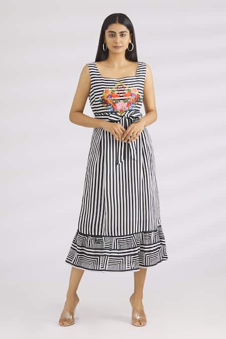 MR. Ajay Kumar Black Linen Silk Square Neck Striped Dress