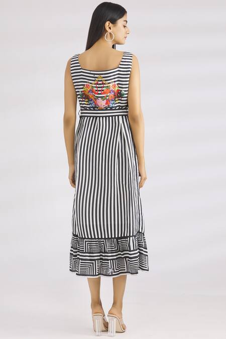 Shop MR. Ajay Kumar Black Linen Silk Square Neck Striped Dress at Aza Fashions Shop_MR. Ajay Kumar_Black Linen Silk Square Neck Striped Dress _at_Aza_Fashions