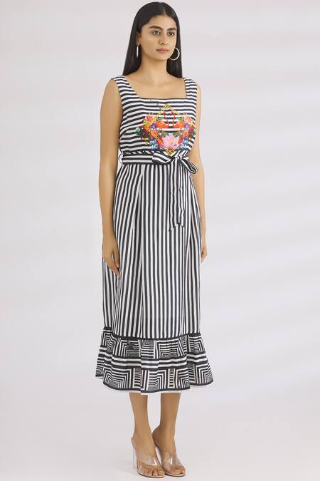 MR. Ajay Kumar Black Linen Silk Square Neck Striped Dress Online at Aza Fashions MR. Ajay Kumar_Black Linen Silk Square Neck Striped Dress _Online_at_Aza_Fashions