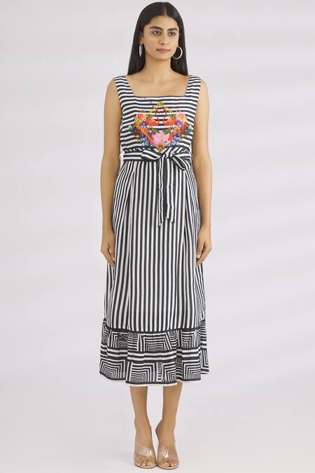 Shop MR. Ajay Kumar Black Linen Silk Square Neck Striped Dress Online at Aza Fashions Shop_MR. Ajay Kumar_Black Linen Silk Square Neck Striped Dress _Online_at_Aza_Fashions