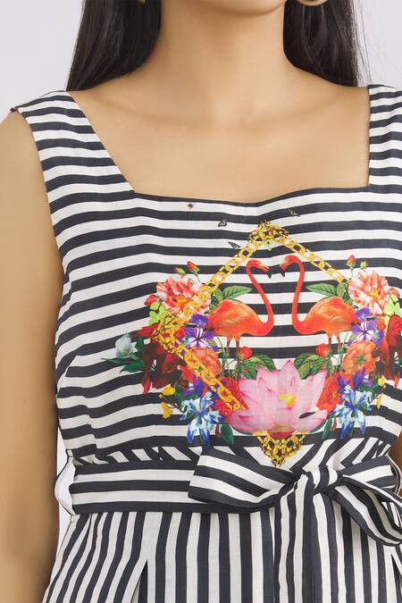 MR. Ajay Kumar Black Linen Silk Square Neck Striped Dress at Aza Fashions MR. Ajay Kumar_Black Linen Silk Square Neck Striped Dress _at_Aza_Fashions