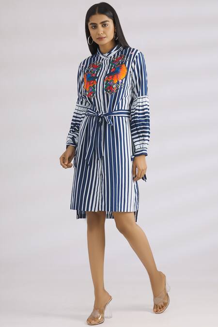 Shop MR. Ajay Kumar Blue Cotton Stand Collar Striped Shirt Dress Online at Aza Fashions Shop_MR. Ajay Kumar_Blue Cotton Stand Collar Striped Shirt Dress _Online_at_Aza_Fashions