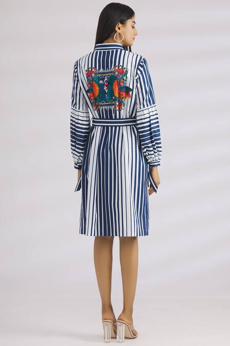 Shop MR. Ajay Kumar Blue Cotton Stand Collar Striped Shirt Dress at Aza Fashions Shop_MR. Ajay Kumar_Blue Cotton Stand Collar Striped Shirt Dress _at_Aza_Fashions