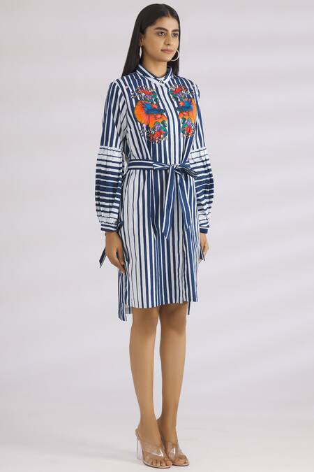 MR. Ajay Kumar Blue Cotton Stand Collar Striped Shirt Dress Online at Aza Fashions MR. Ajay Kumar_Blue Cotton Stand Collar Striped Shirt Dress _Online_at_Aza_Fashions