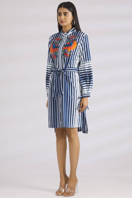 Buy MR. Ajay Kumar Blue Cotton Stand Collar Striped Shirt Dress Online at Aza Fashions Buy_MR. Ajay Kumar_Blue Cotton Stand Collar Striped Shirt Dress _Online_at_Aza_Fashions