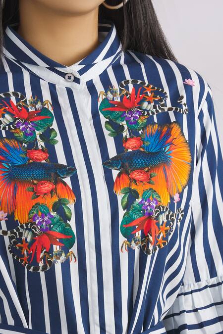 MR. Ajay Kumar Blue Cotton Stand Collar Striped Shirt Dress at Aza Fashions MR. Ajay Kumar_Blue Cotton Stand Collar Striped Shirt Dress _at_Aza_Fashions