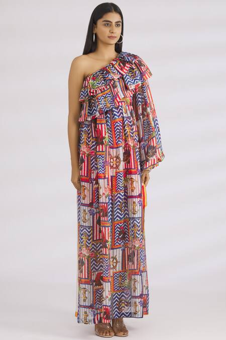 MR. Ajay Kumar Multi Color Linen Silk Asymmetric Maxi Dress Online at Aza Fashions MR. Ajay Kumar_Multi Color Linen Silk Asymmetric Maxi Dress _Online_at_Aza_Fashions