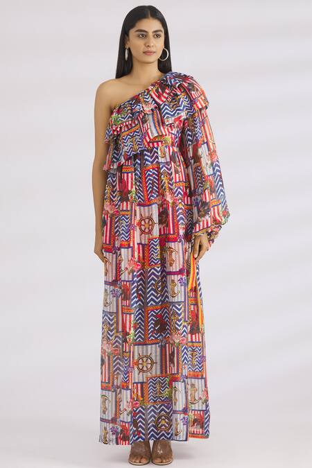 Shop MR. Ajay Kumar Multi Color Linen Silk Asymmetric Maxi Dress Online at Aza Fashions Shop_MR. Ajay Kumar_Multi Color Linen Silk Asymmetric Maxi Dress _Online_at_Aza_Fashions