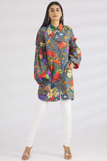 Shop_MR. Ajay Kumar_Grey Cotton Satin Spread Collar Printed Shirt  _Online_at_Aza_Fashions