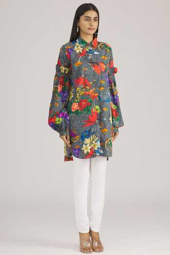 MR. Ajay Kumar_Grey Cotton Satin Spread Collar Printed Shirt  _Online_at_Aza_Fashions