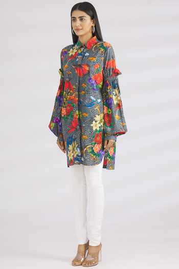 Buy_MR. Ajay Kumar_Grey Cotton Satin Spread Collar Printed Shirt  _Online_at_Aza_Fashions