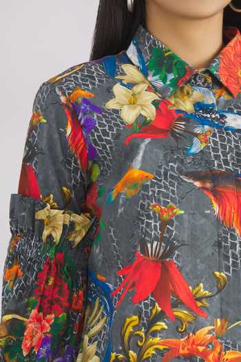 MR. Ajay Kumar_Grey Cotton Satin Spread Collar Printed Shirt  _at_Aza_Fashions